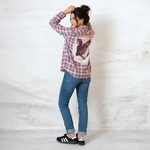 Upcycled Plaid Shirt Bleached Angel Stencil | Red Gray | Large